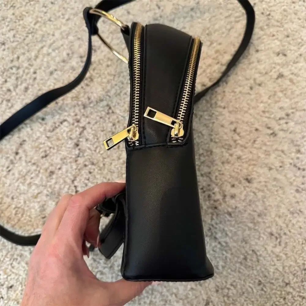 Womens Mini Backpack Purse Black Gold Ring Top Handle Double Zipper